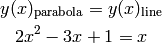 y(x)_{\rm parabola} &= y(x)_{\rm line}

2x^2 - 3x + 1 &= x